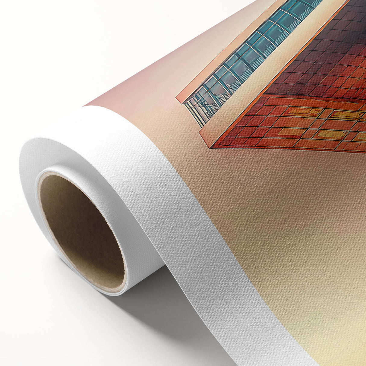 Art Deco style poster depicting geometric architecture in muted beige and cream, printed on rolled canvas.