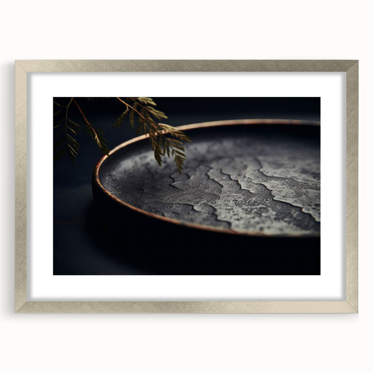 Textured abstract art print in silver and gray tones, framed with a mat, ideal for modern bedroom decor.