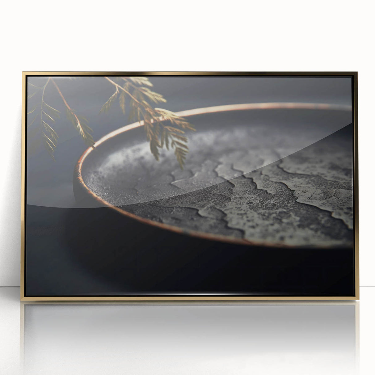 Large acrylic print of mid-century modernist design in gold tones, ideal for modern art wall decor.
