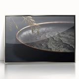 Mid-century modernist art deco poster featuring geometric shapes in silver and gray tones on acrylic.