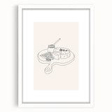 Abstract art print featuring swirling patterns in muted gray and blue tones, framed in white, ideal for dining room decor.