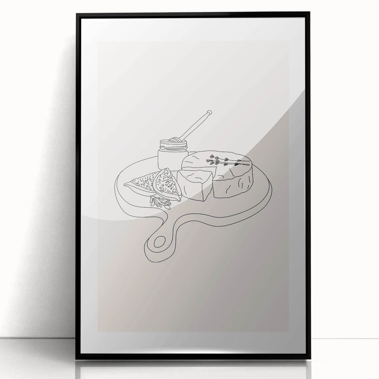 Large abstract wall art featuring geometric shapes in muted earth tones, mid-century modernist style.