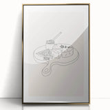 Large art print featuring mid-century modernist dishes in gold tones on a framed acrylic, suitable for modern kitchen decor.