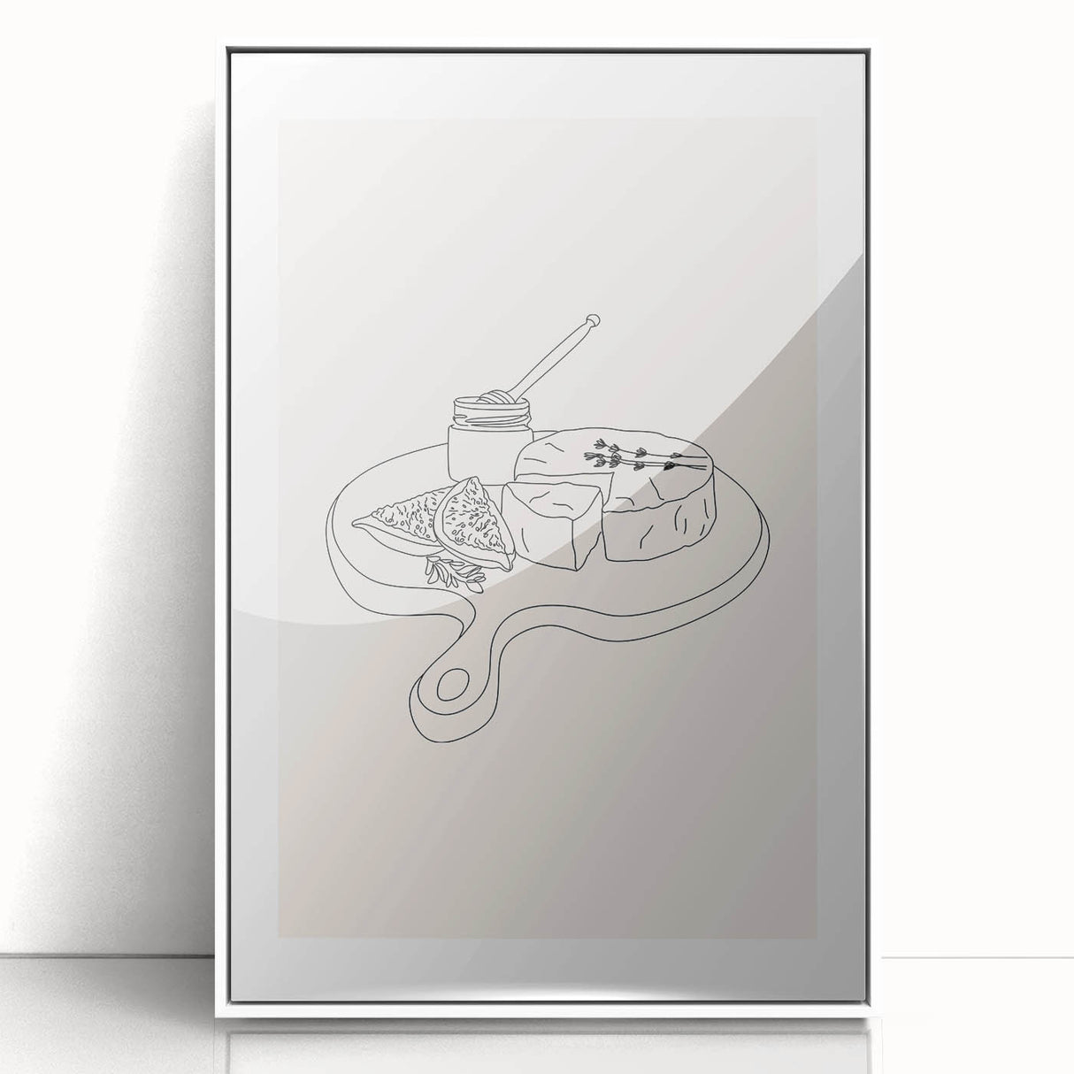 Art deco poster featuring colorful dishes design in a white acrylic frame, ideal for modern nursery wall art.