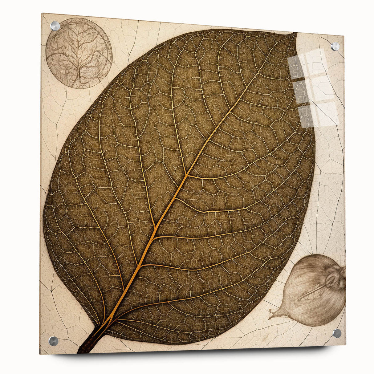 Acrylic wall art showcasing a vibrant floral and botanical design with green leaves and colorful flowers, elegantly displayed with pins on a glass surface.