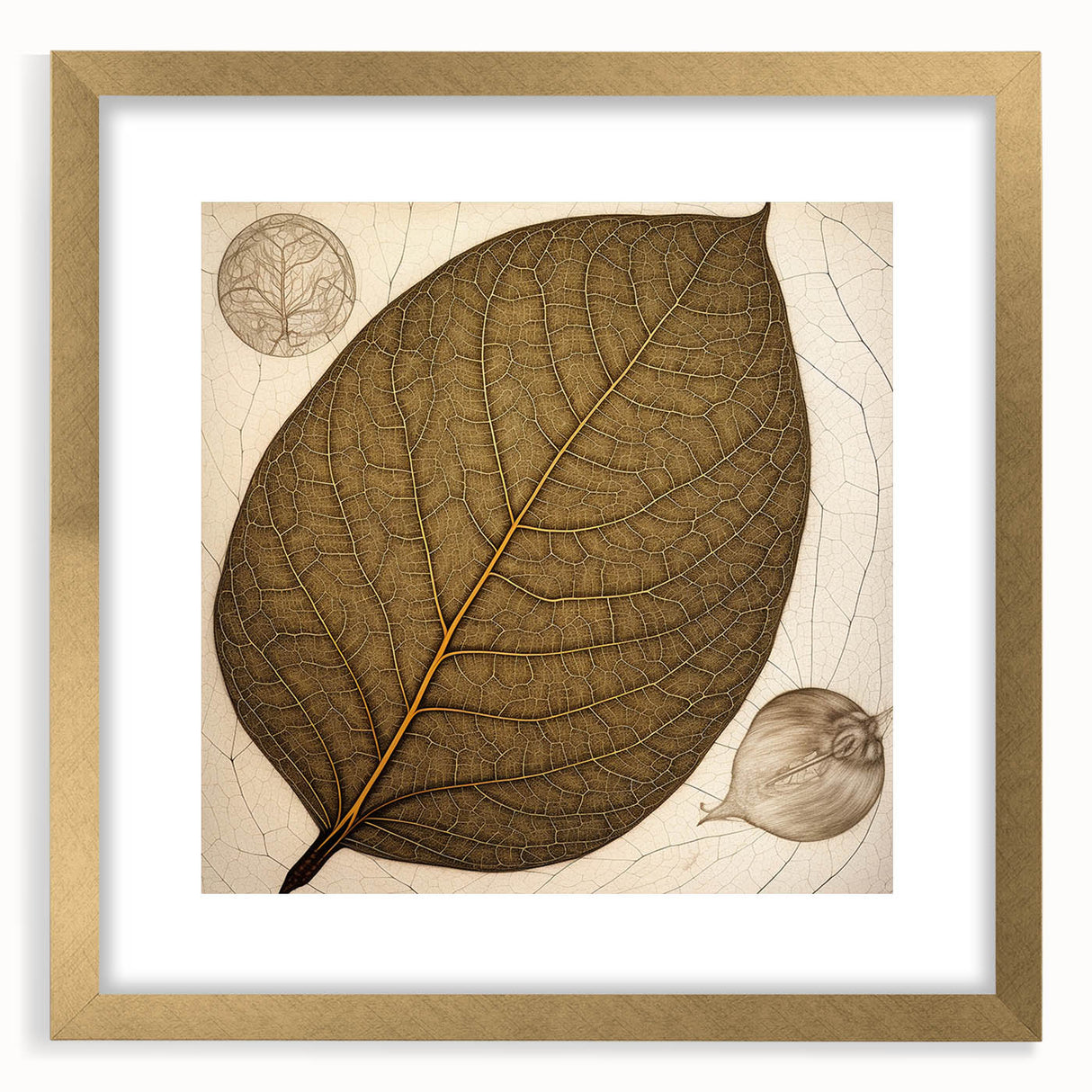 Elegant wall art frame showcasing a floral and botanical design, featuring vibrant colors and gold accents, perfect for home decor. The artwork is displayed with a mat for an added touch of sophistication, enhancing any living space or office.