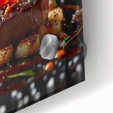 Close-up of large abstract wall art depicting various food dishes in mid-century modernist style on acrylic glass.