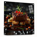 Acrylic glass print of various food dishes in vibrant colors, suitable for dining room decor.