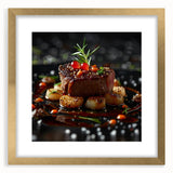 Extra large abstract art print featuring textured food dishes in muted earth tones, framed in gold.