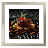 Textured art featuring abstract food dishes in muted earth tones, framed in silver, ideal for dining room decor.