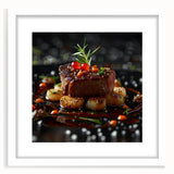 Abstract art prints featuring assorted food dishes in muted earth tones, framed with a white mat.