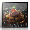 Large abstract wall art featuring a variety of food dishes in bold colors on a framed acrylic.