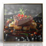 Framed acrylic print of assorted food dishes in a mid-century modernist style, featuring vibrant colors.