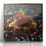 Mid-century modernist art featuring an array of stylized food dishes in vibrant colors on a silver-framed acrylic print.