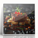 Art deco poster featuring an array of stylized food dishes in muted colors on a white acrylic frame.