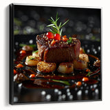 Black and white framed canvas featuring a vintage poster art of assorted food dishes, suitable for bedroom wall decor.