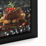 Close-up of a framed canvas featuring an extra large black wall art with colorful.