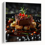 Vintage poster art on framed canvas depicting colorful food dishes, ideal for extra large living room wall decor.