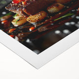 Art deco poster of assorted food dishes in muted earth tones on rolled canvas, suitable for dining room decor.