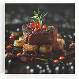 Black and white stretched canvas featuring an array of illustrated food dishes, ideal for kitchen wall art.