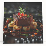 Black and white stretched canvas featuring an array of illustrated food dishes, suitable as large kitchen wall art.