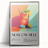 Large art print of assorted fruits and beverages in a mid-century modernist style, framed in silver acrylic.
