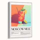 Vintage poster art of colorful food and drinks on framed canvas, ideal for living room decor.