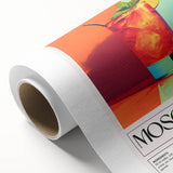 Art deco poster of food and drinks in muted pastel shades on rolled canvas, suitable for dining room wall art.