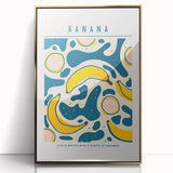 Large art print of assorted fruits in bold colors on a gold-framed acrylic, suitable for modern kitchen decor.