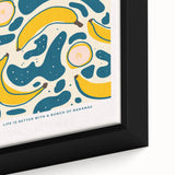 Framed canvas featuring a close-up of colorful, textured fruits on a black background, ideal for living room decor.