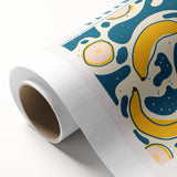 Art Deco style poster featuring an array of colorful fruits on a rolled canvas, suitable for nursery wall art.