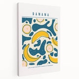 Large art depicting assorted fruits in vibrant colors on stretched canvas, ideal for kitchen wall art.