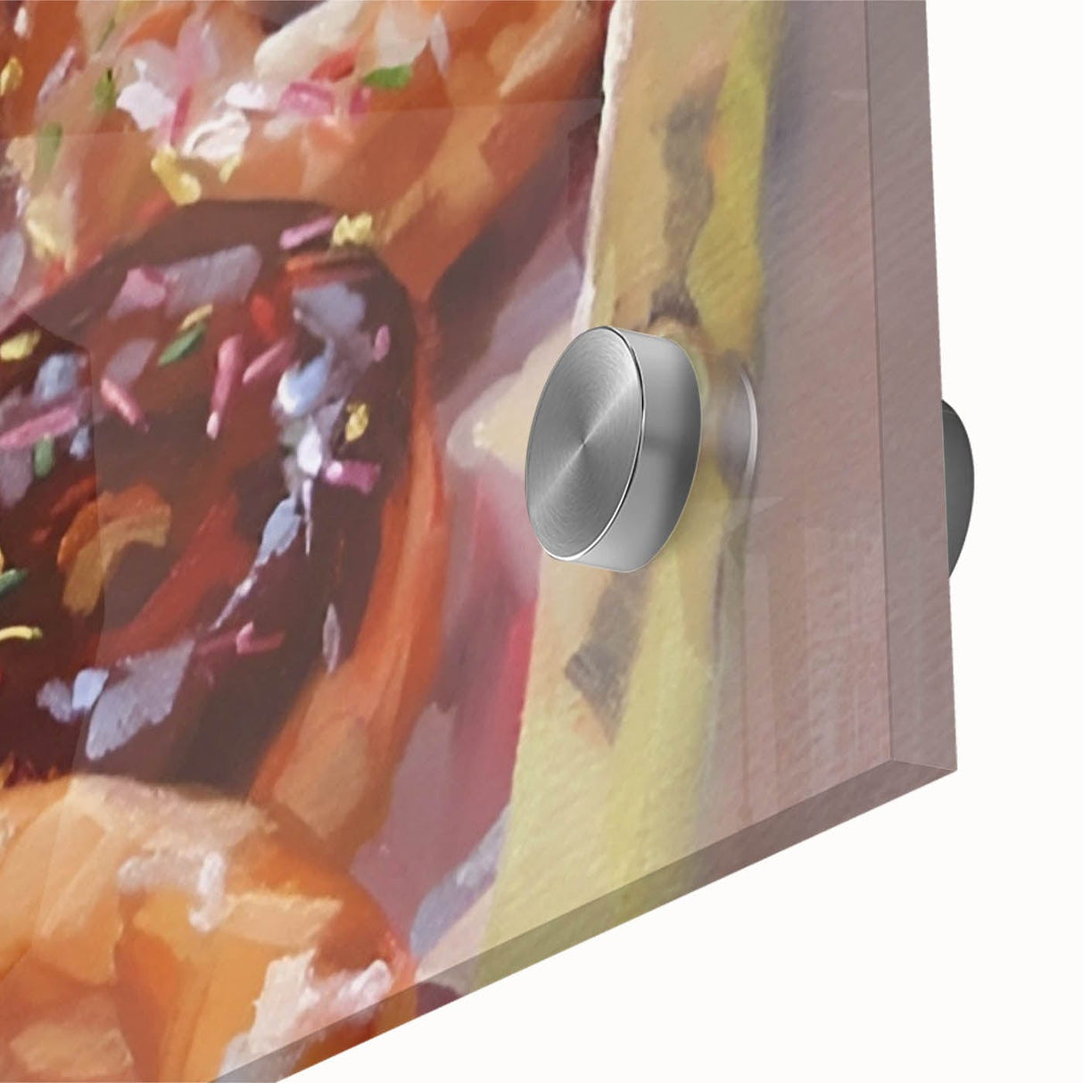 Close-up of large abstract wall art featuring assorted pastries in vibrant colors on acrylic glass.