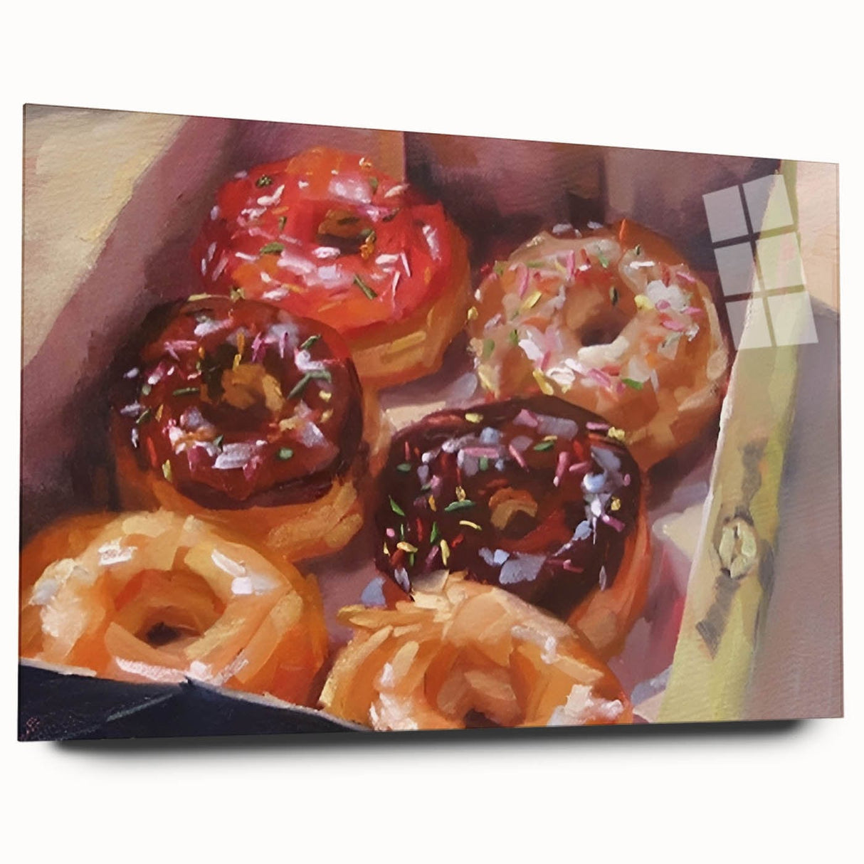 Large abstract wall art featuring assorted pastries in vibrant colors on acrylic glass.