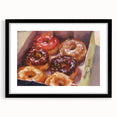 Abstract art print of colorful pastries in a black frame, textured finish, ideal for extra large living room wall.