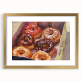 Extra large abstract art print featuring textured pastries in muted brown and cream tones on a framed canvas.