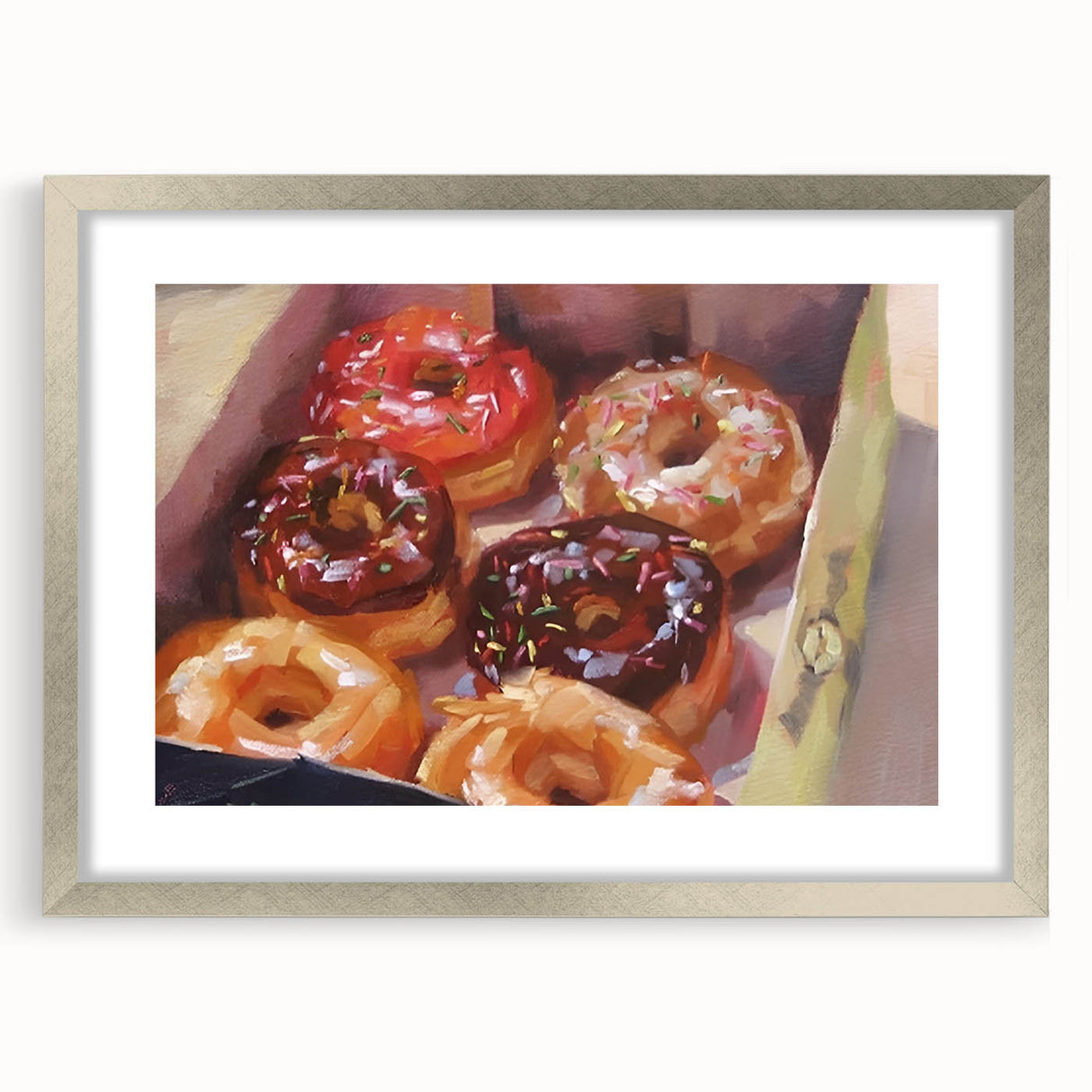 Textured abstract art print of pastries in muted earth tones on a framed canvas, suitable for bedroom wall decor.