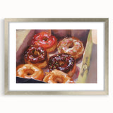 Textured abstract art print of pastries in muted earth tones on a framed canvas, suitable for bedroom wall decor.