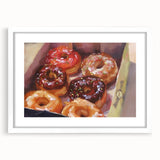 Abstract art print featuring assorted pastries in soft pastel tones on a white framed poster, ideal for dining room decor.