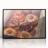 Large abstract wall art featuring assorted pastries in muted colors, framed in black acrylic, suitable for a modern kitchen.
