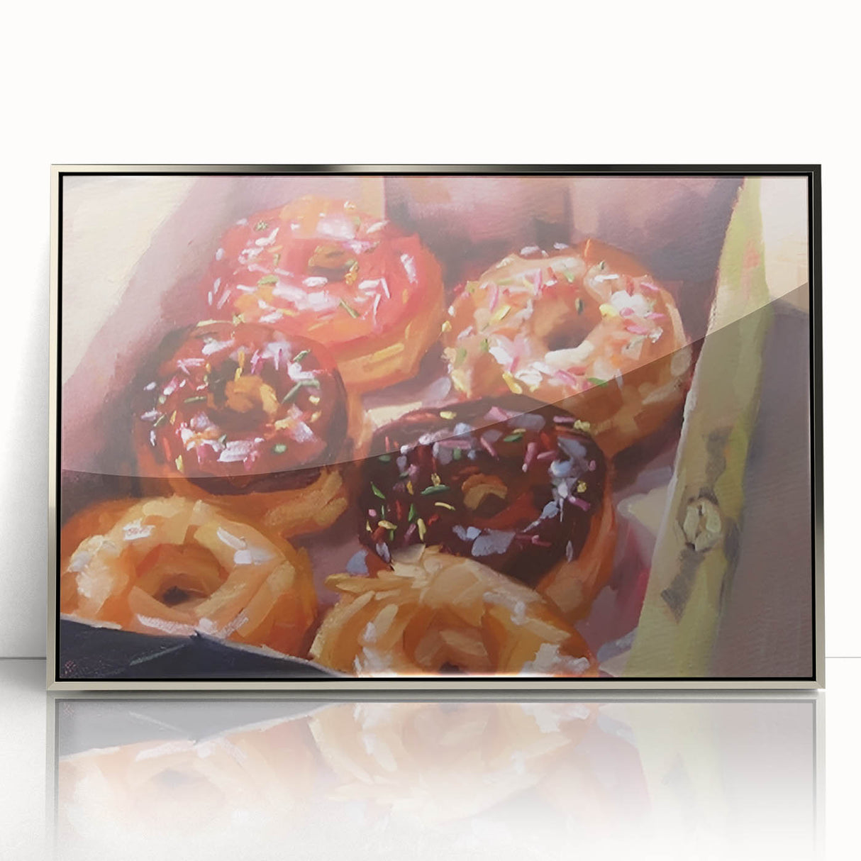 Mid-century modernist art featuring an array of pastries in muted colors, presented in a silver-framed acrylic print.