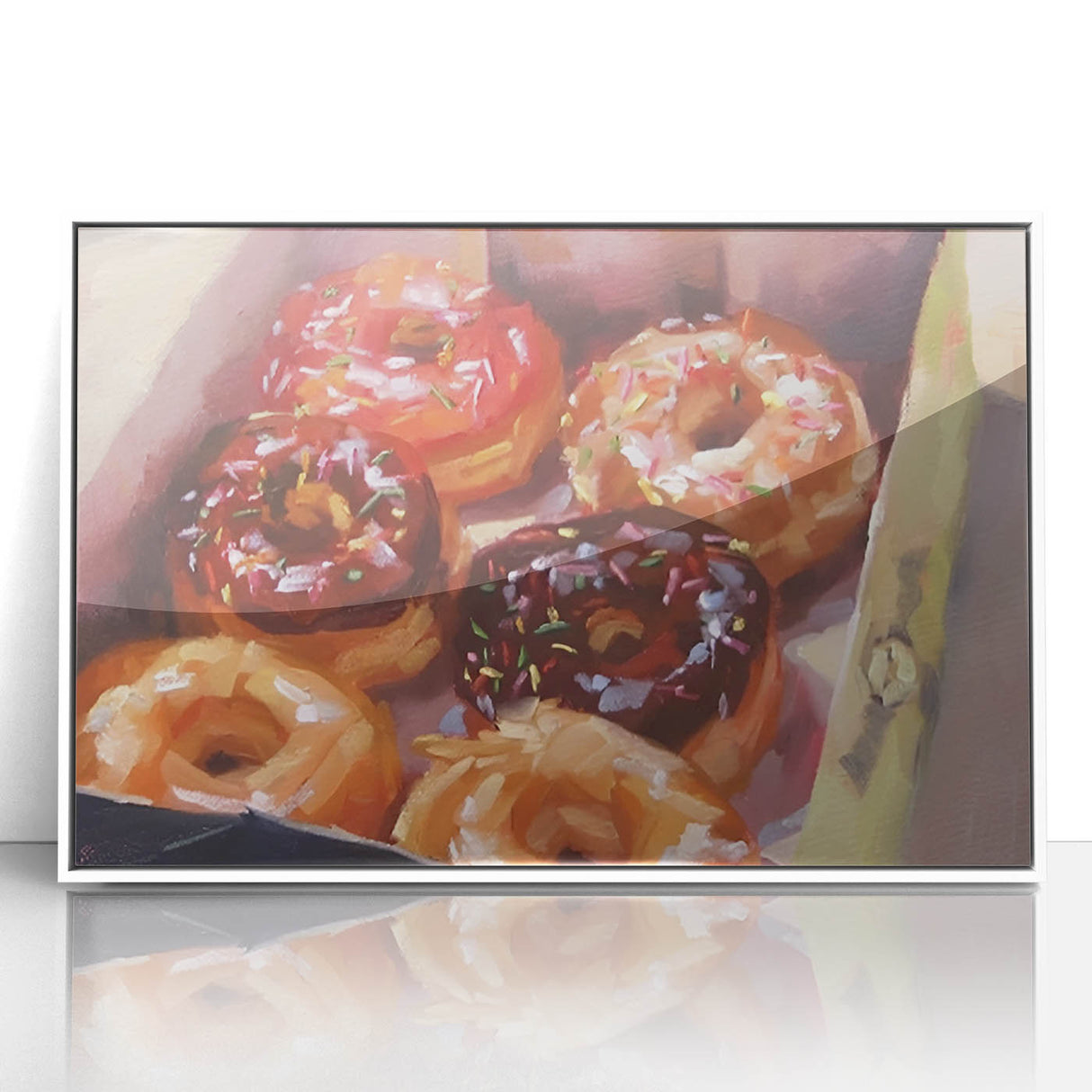 Acrylic print of pastries in art deco style with muted colors, framed in white, suitable for modern kitchen decor.