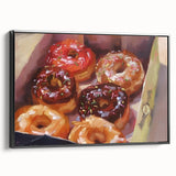 Black and white framed canvas featuring a vintage poster of assorted pastries, ideal for bedroom wall decor.