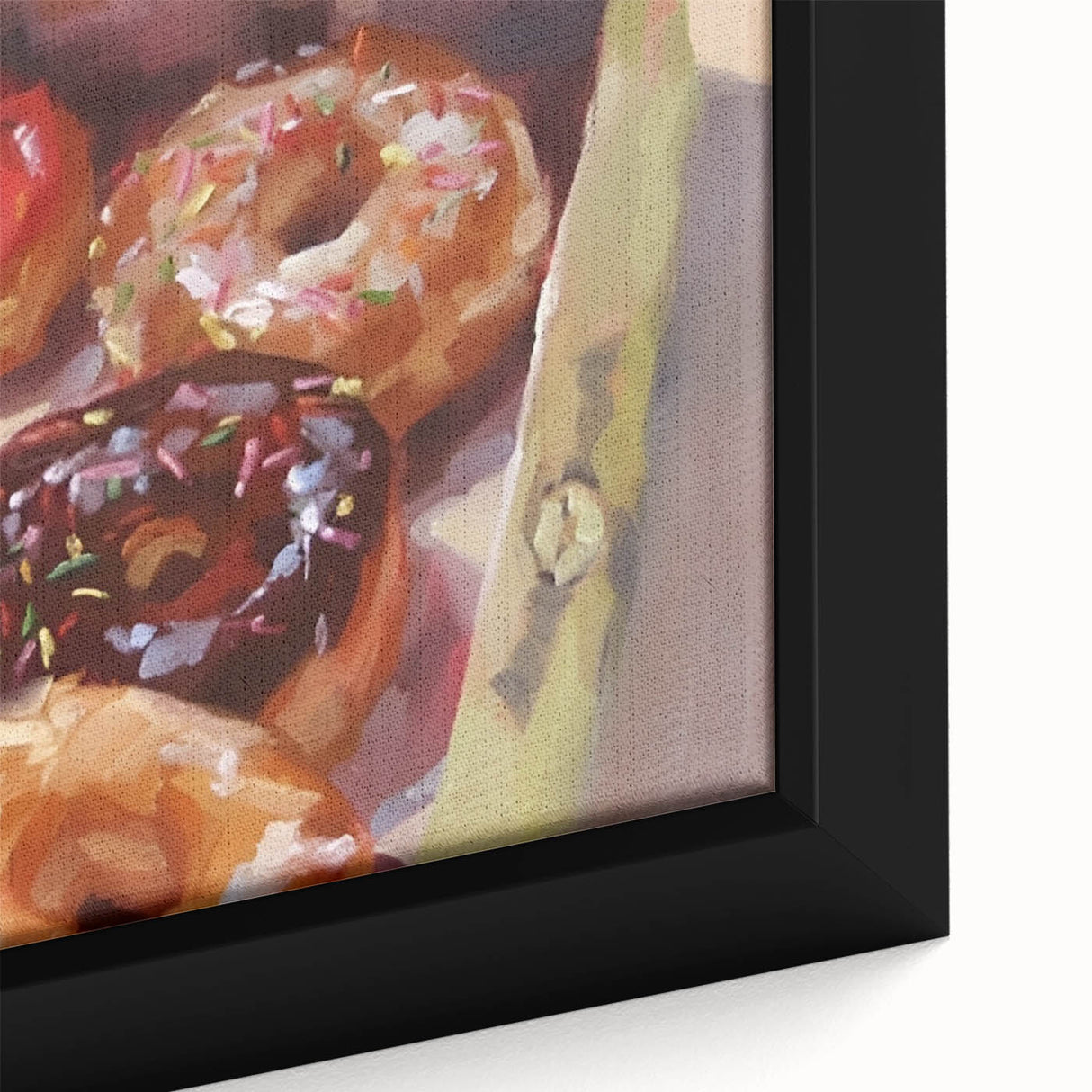 Extra large framed canvas featuring a close-up of colorful pastries on a black background, textured.