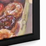 Extra large framed canvas featuring a close-up of colorful pastries on a black background, textured.
