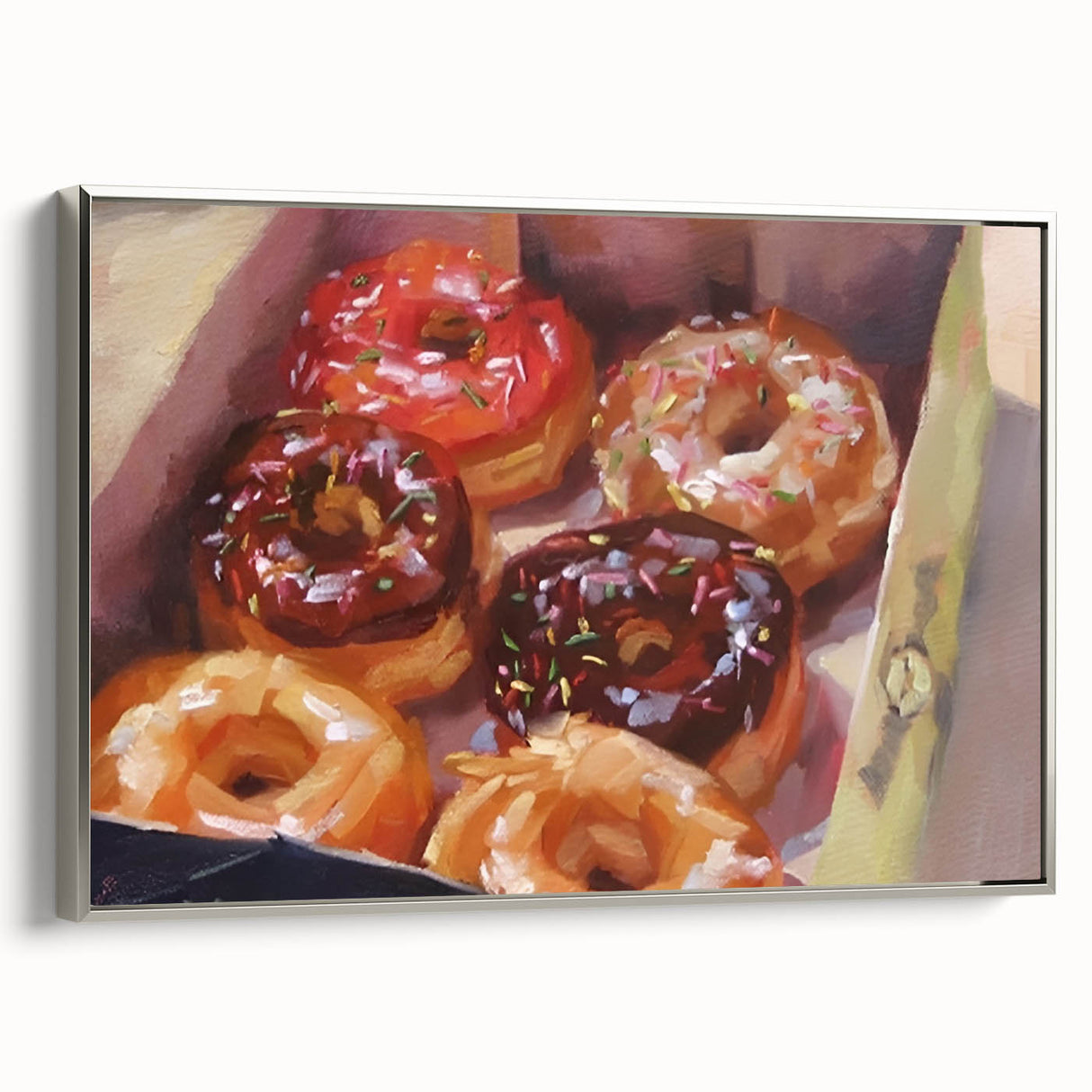 Vintage poster art of colorful pastries on black background, framed canvas, ideal for kitchen wall art.