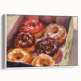Vintage poster art of colorful pastries on a large framed canvas, ideal for living room decor.