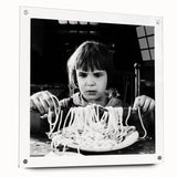 Large abstract wall art on acrylic glass depicting a bustling city scene in cool blue and gray tones.