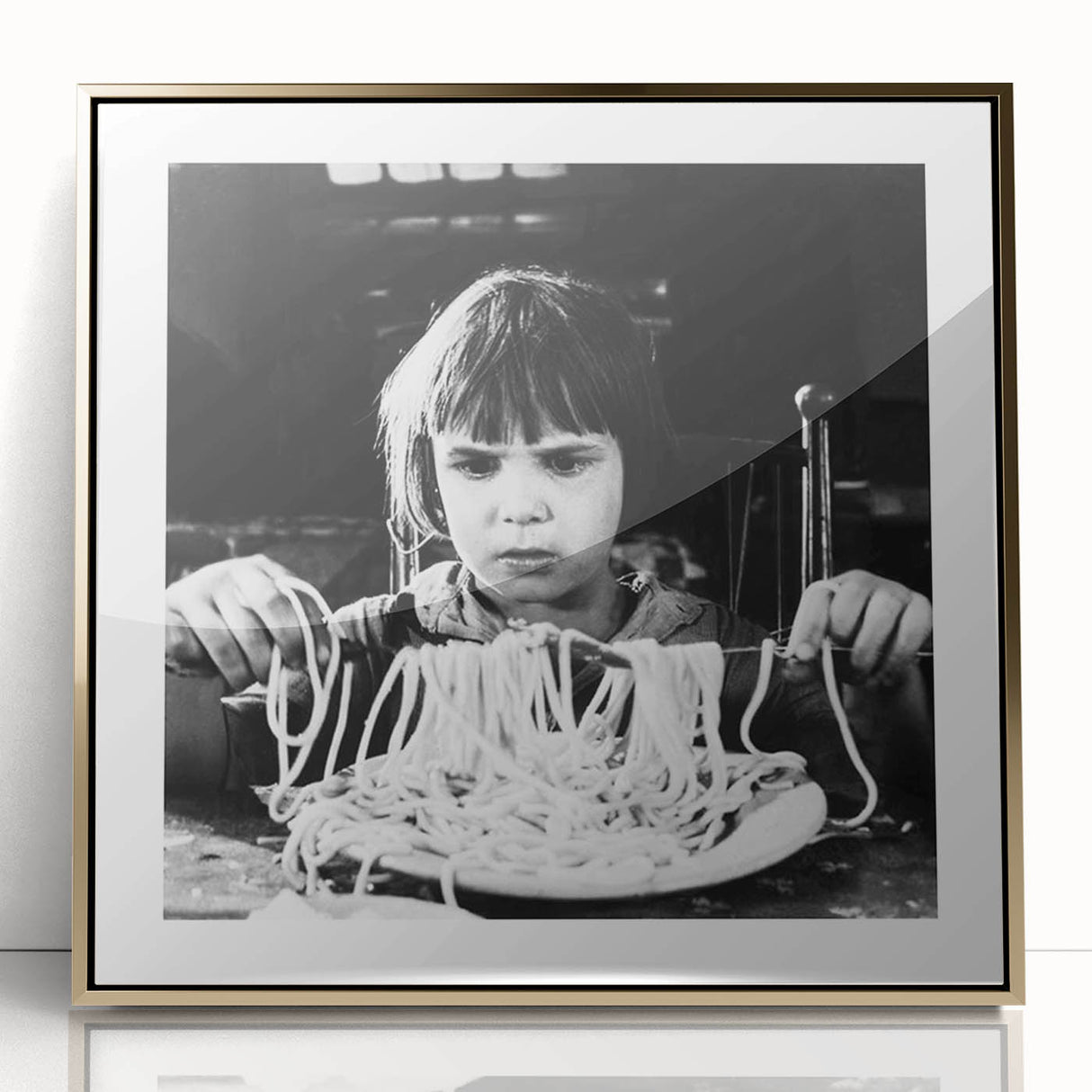 Mid-century modernist art featuring stylized people and food in muted colors, framed acrylic, ideal for nursery wall decor.