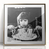 Mid-century modernist art featuring stylized people and food in muted colors, framed acrylic, ideal for nursery wall decor.